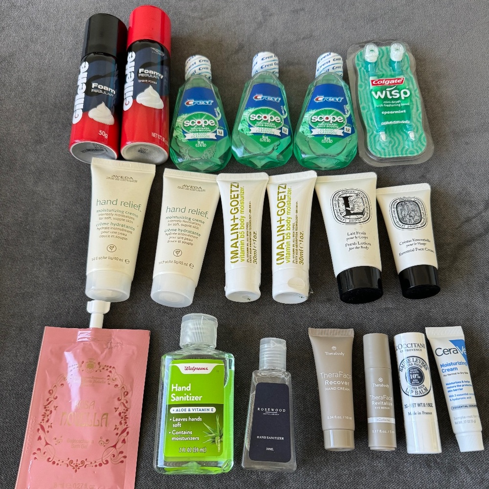 Set of 19 Travel Size Toiletries - Aveda, Malin + Goetz, Diptyque, CeraVe